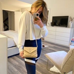 SAINT LAURENT Calfskin Y Quilted Monogram Toy Loulou Crossbody Bag beige